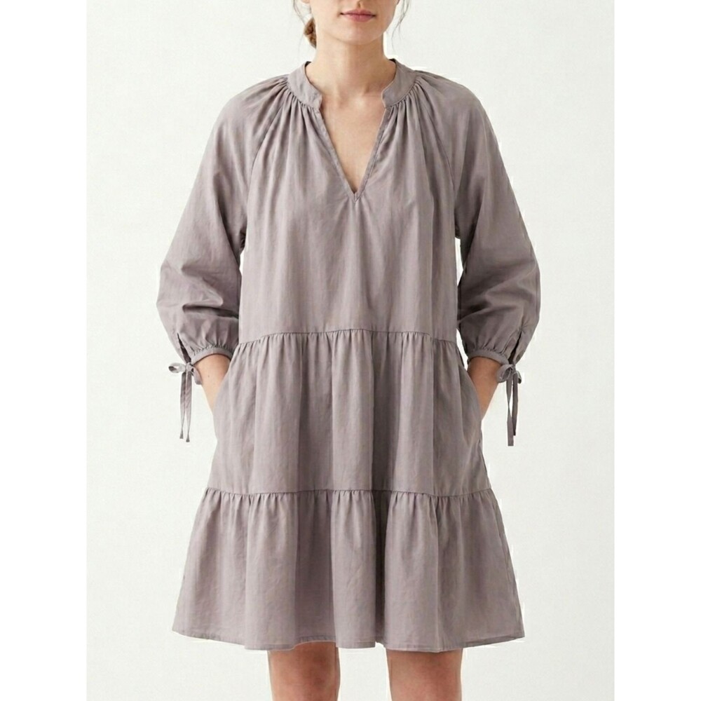 Sofia Italy Puff Sleeve Tiered Mini Dress Cotton 3/4 sleeves Taupe Gray Putty OS